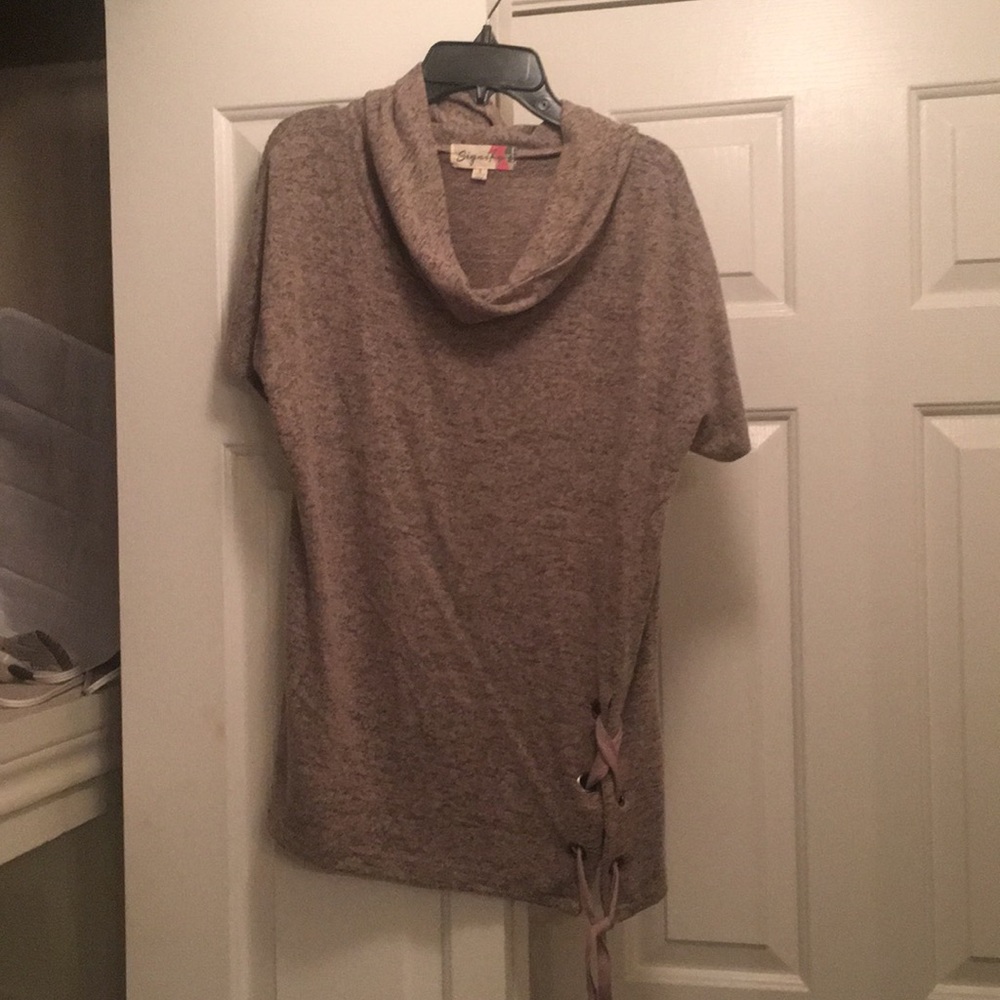 Grey turtleneck sweater with cute side tie detail